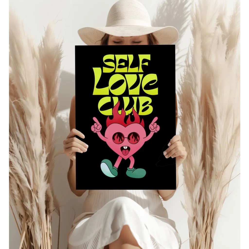 Vibrant pink flaming heart on black insigne aluminum print with Self Love Club text