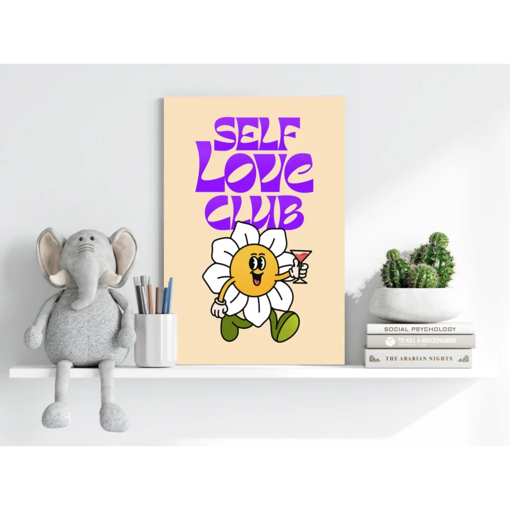 Cheerful cartoon daisy with martini on Self Love Club insigne aluminum print