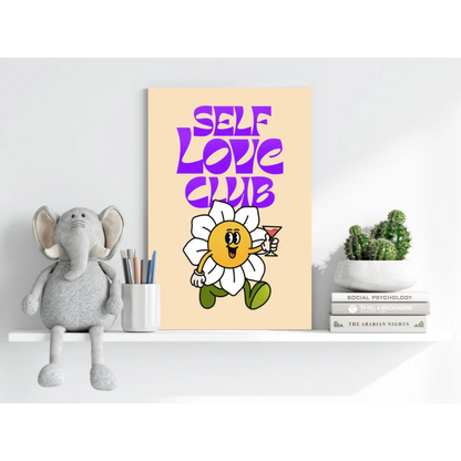 Cheerful cartoon daisy with martini on Self Love Club insigne aluminum print