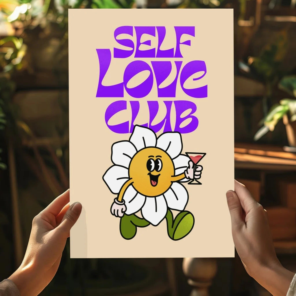 Cheerful cartoon daisy with martini on Self Love Club insigne aluminum print