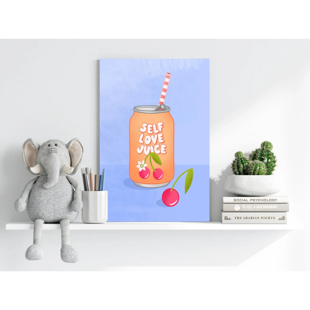 Vibrant orange Self Love Juice can pop art on insigne aluminum print