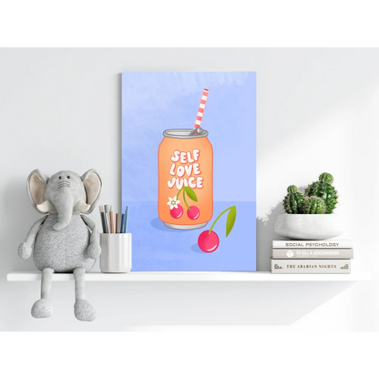 Vibrant orange Self Love Juice can pop art on insigne aluminum print