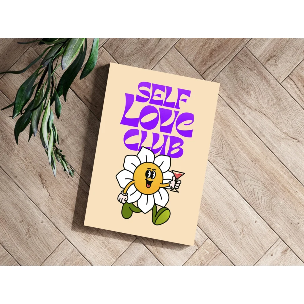 Cheerful cartoon daisy with martini on Self Love Club insigne aluminum print
