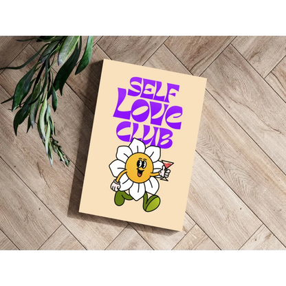 Cheerful cartoon daisy with martini on Self Love Club insigne aluminum print
