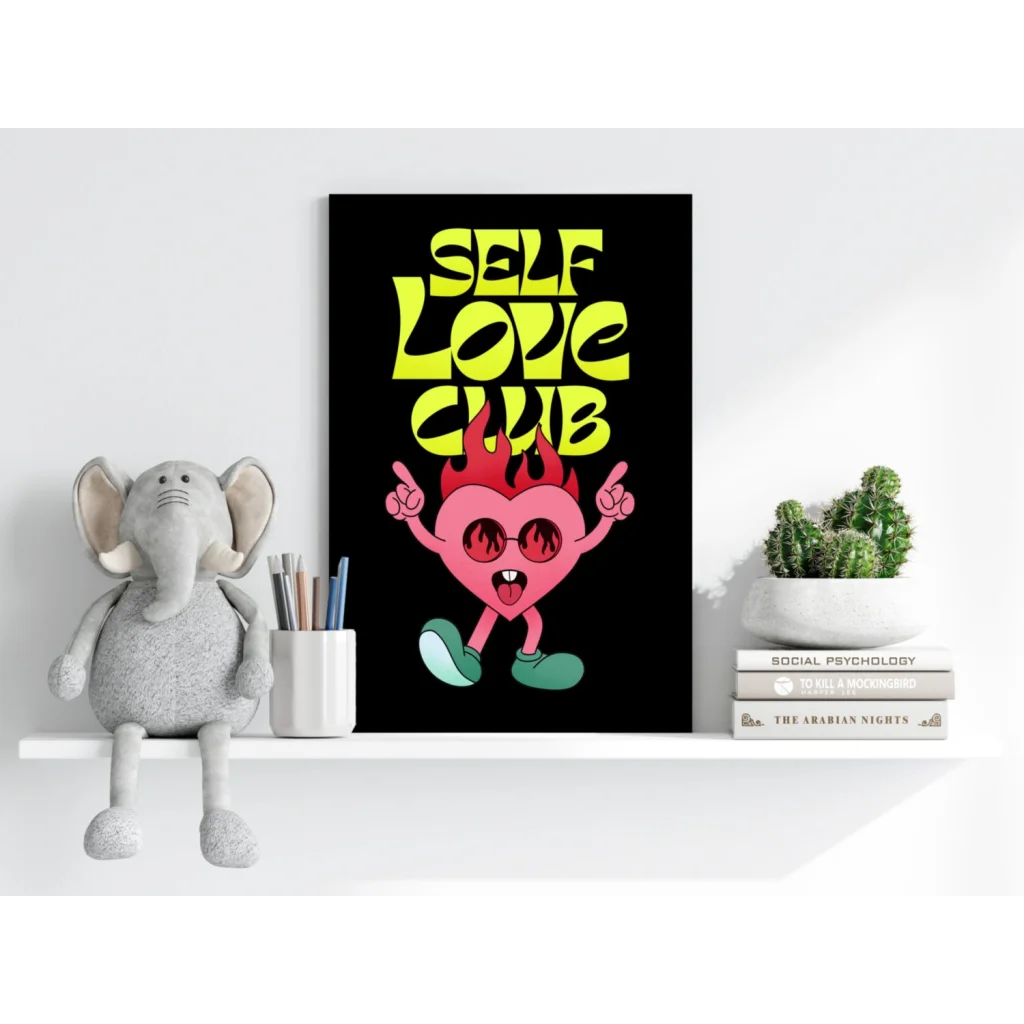 Vibrant neon yellow Self Love Club poster on insigne aluminum prints with flaming pink heart