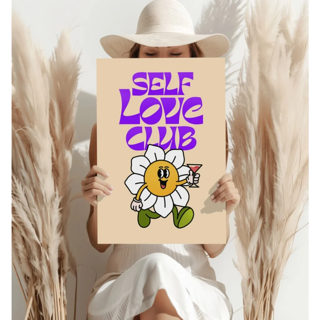 Cheerful cartoon daisy with martini on Self Love Club insigne aluminum prints
