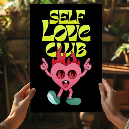 Vibrant neon yellow Self Love Club poster on insigne aluminum print with fiery heart