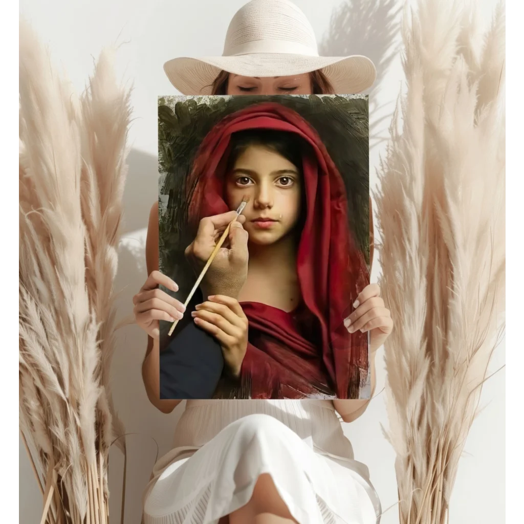 Woman in white holds framed red hooded artist girl on insigne aluminum print