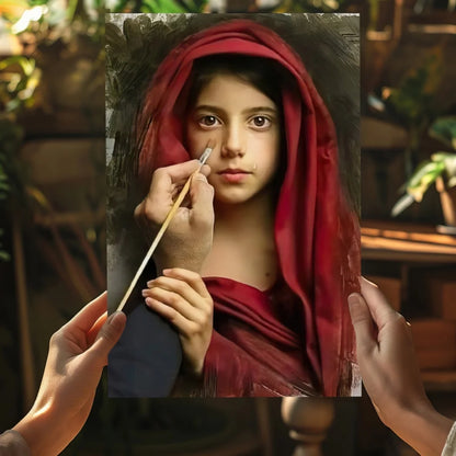 Vivid portrait of young girl in red hood on insigne aluminum print