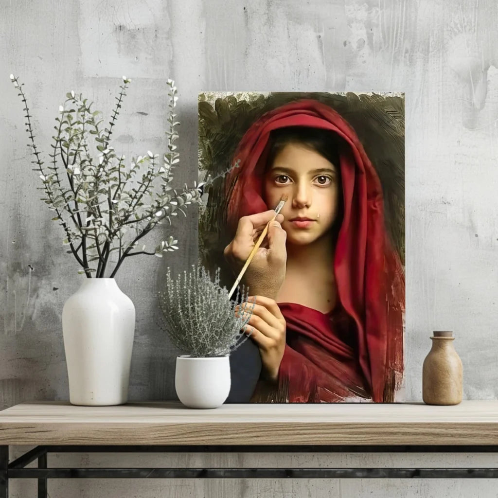 Red hooded artist girl insigne aluminum print with vibrant painterly texture