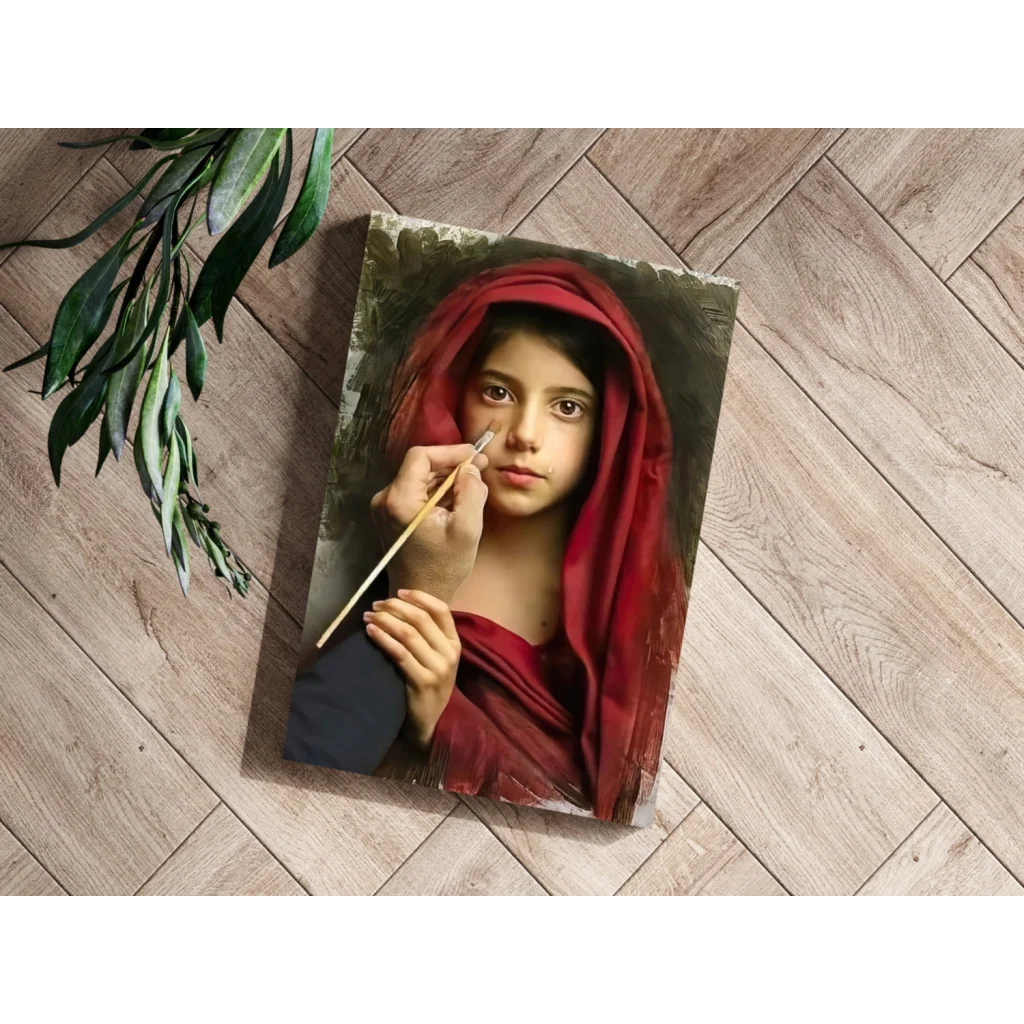 Young girl in red hooded garment holds paintbrush, insigne aluminum print