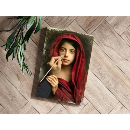 Young girl in red hooded garment holds paintbrush, insigne aluminum print