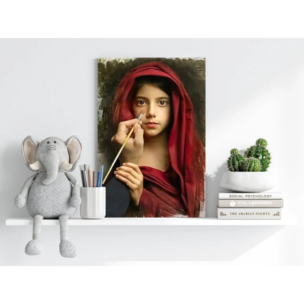 Young girl in red hooded garment with paintbrush on Insigne aluminum print