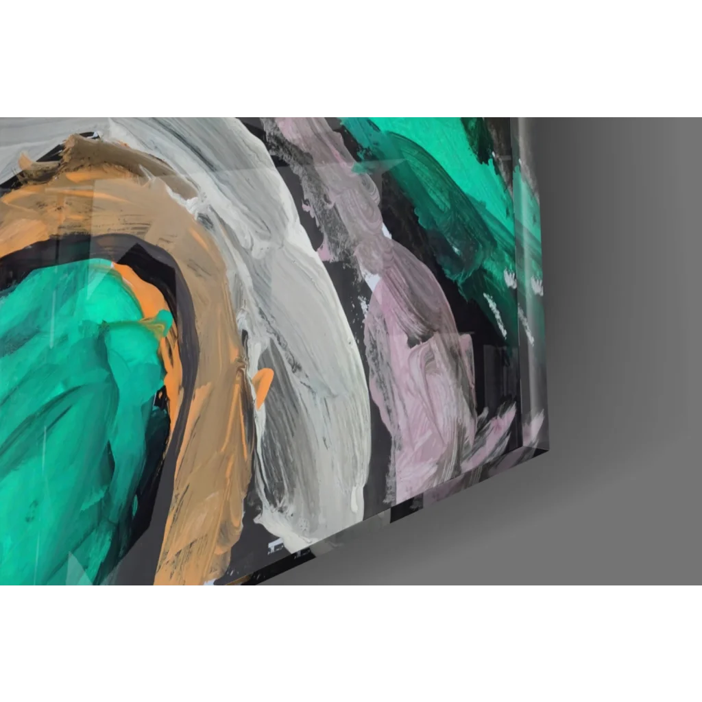 Bold teal abstract canvas wall art with textured strokes in pink and gold