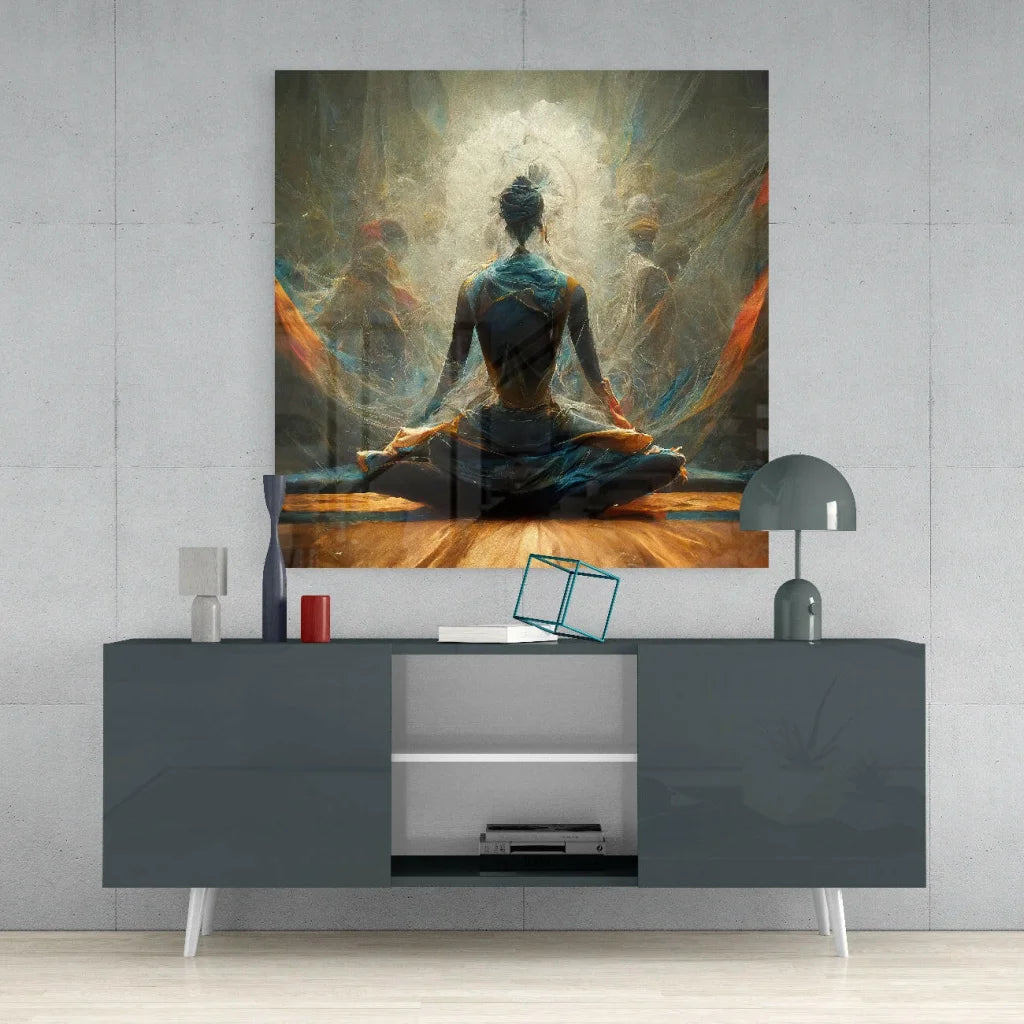Modern gray sideboard with sleek white legs under Serene Meditation wall art