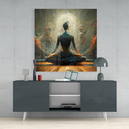 Modern gray sideboard with sleek white legs under Serene Meditation wall art