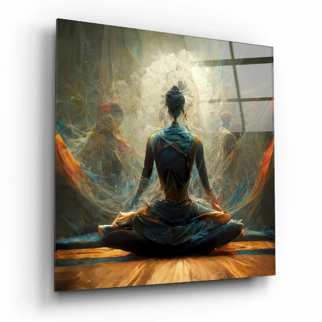 Serene meditating figure in blue attire with glowing aura canvas wall art