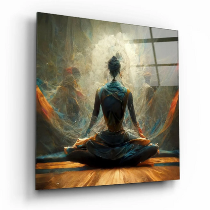 Serene meditating figure in blue attire with glowing aura canvas wall art