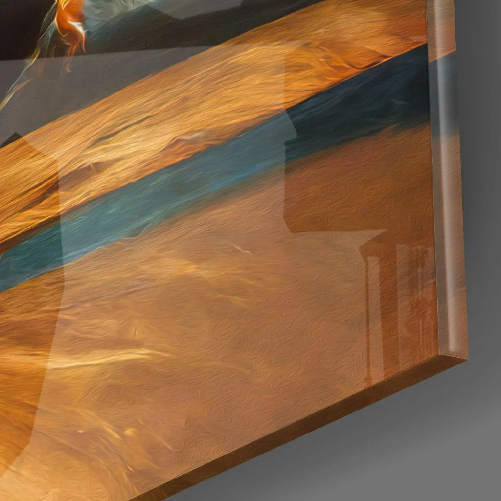 Serene wooden table with glossy finish and glowing spiritual wall art