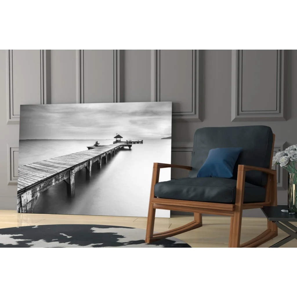 Black-and-white serene pier canvas wall art with pavilion