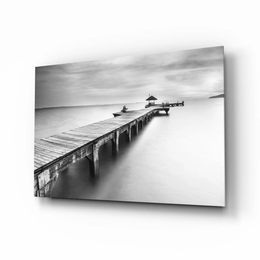 Black-and-white serene pier canvas wall art print