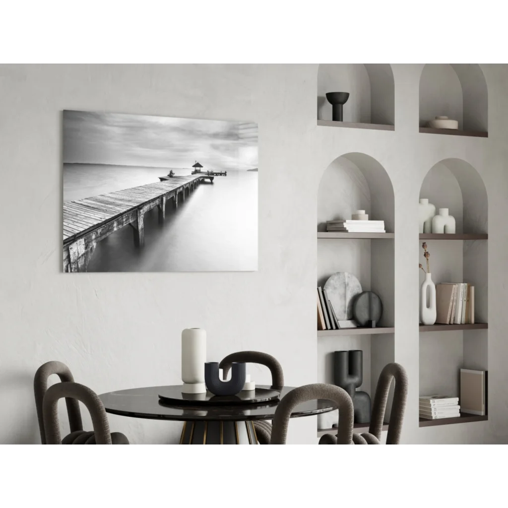 Black-and-white serene pier wall art print on calm water
