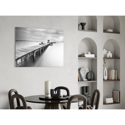 Black-and-white serene pier wall art print on calm water