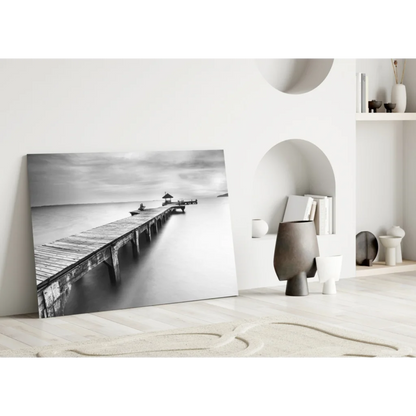 Black-and-white serene pier canvas wall art with calm waters