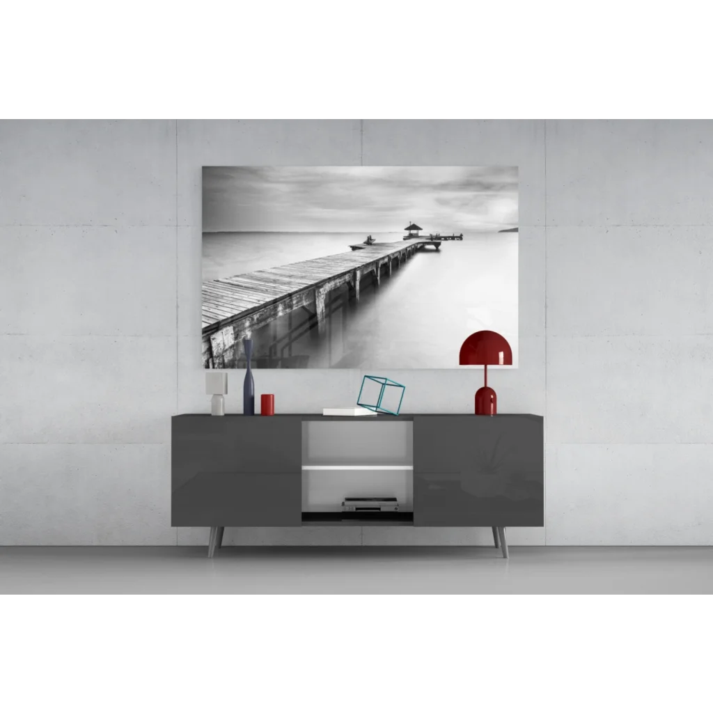 Serene Pier black and white wall art with red glossy dome lamp