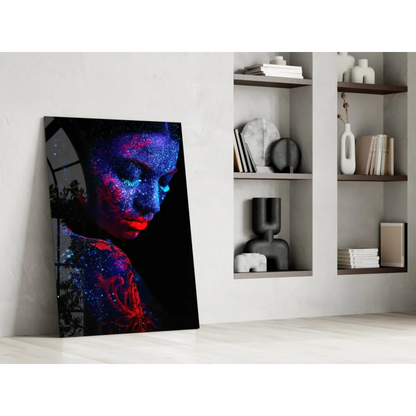 Vibrant cosmic glitter portrait canvas wall art of woman with neon blue pink effects