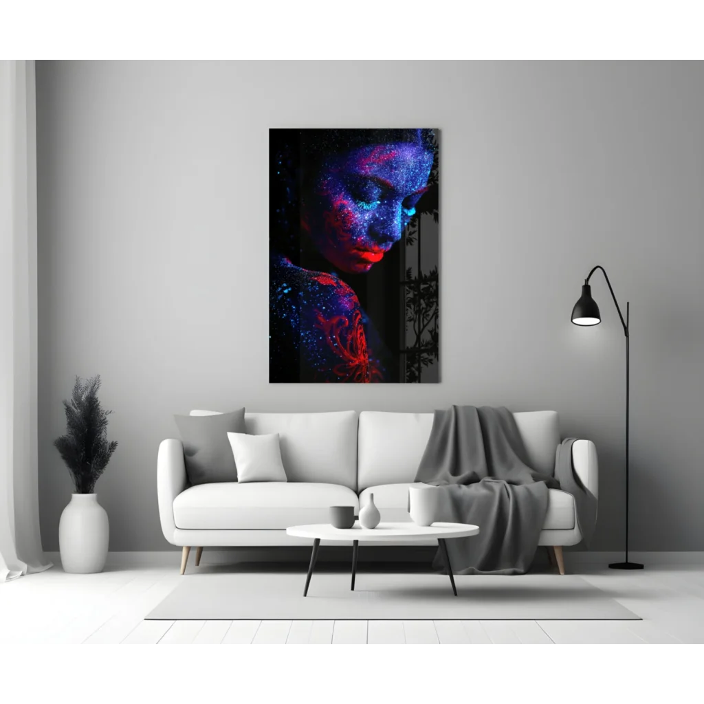 Vibrant cosmic glitter portrait woman canvas wall art in blue purple red