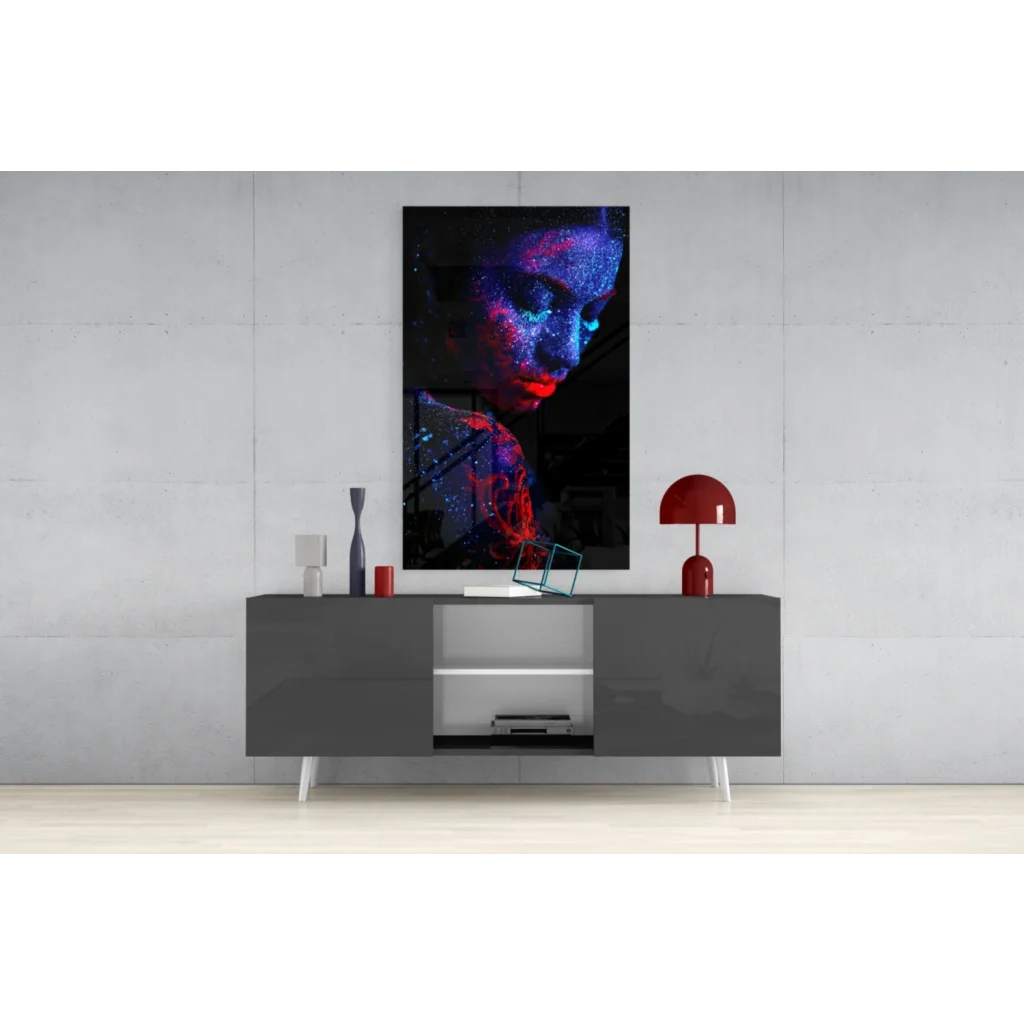 Vibrant cosmic glitter portrait of womans face in blue red glows on dark canvas wall art