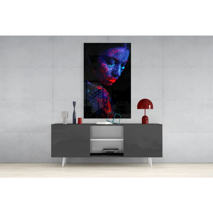 Vibrant cosmic glitter portrait of womans face in blue red glows on dark canvas wall art