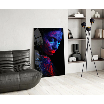 Cosmic glitter portrait of woman’s face in blue red hues on black canvas wall art
