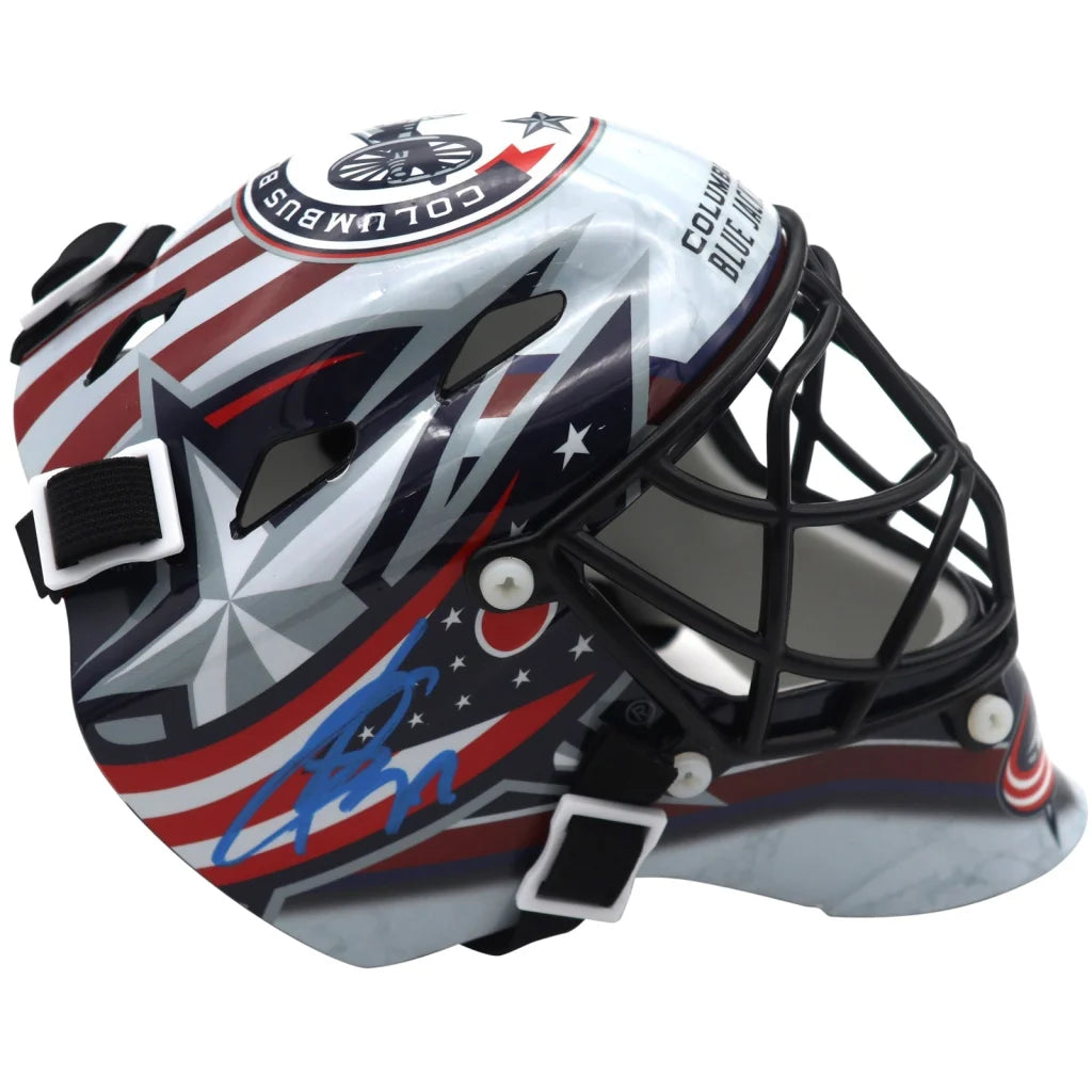 Sergei Bobrovsky autographed Columbus Blue Jackets mini goalie mask with patriotic red white and blue stars and stripes design