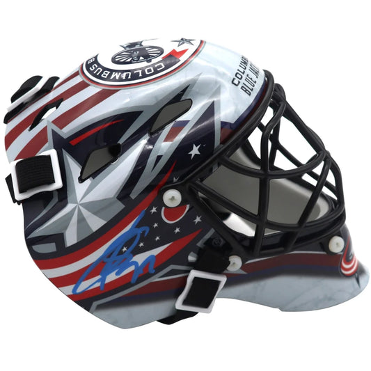 Sergei Bobrovsky autographed Columbus Blue Jackets mini goalie mask with patriotic red white and blue stars and stripes design