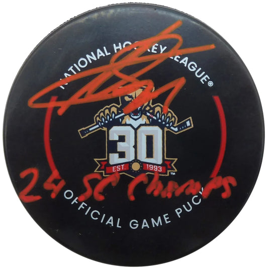 Sergei Bobrovsky autographed Florida Panthers hockey puck with 24 SC Champs inscription