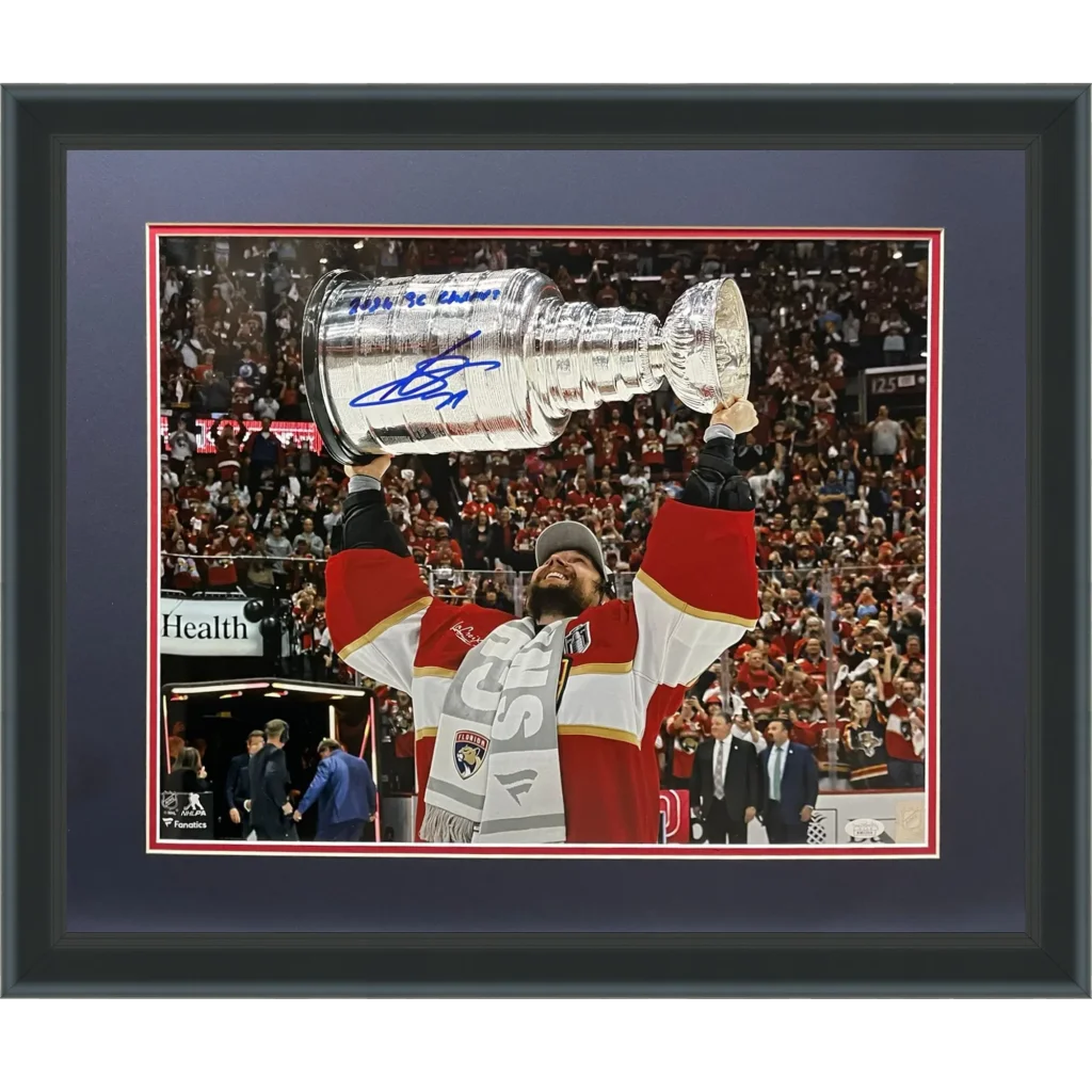 Sergei Bobrovsky Stanley Cup Trophy in silver with red accents, deluxe framed 16x20 photo