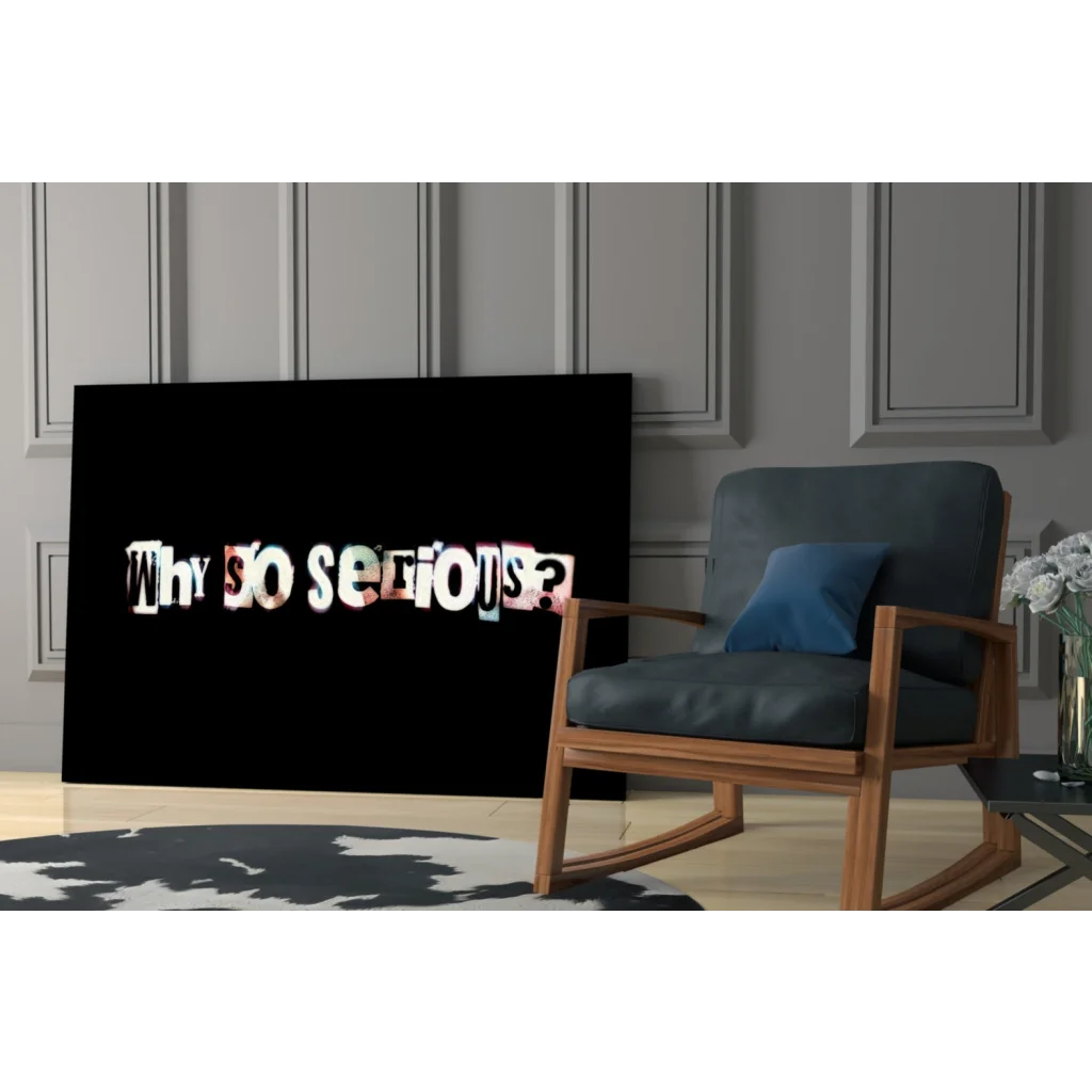 Black canvas Why So Serious glass wall art in distressed multi-colored font