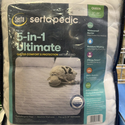 Serta Sertapedic 5-in-1 ultimate quilted comfort protection mattress pad, queen, white