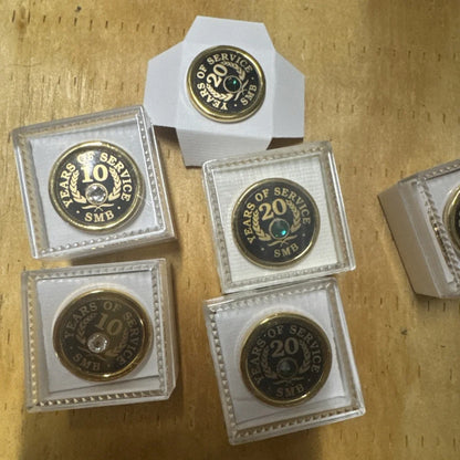 Gold SMB employee award pins set 8: 10-20-45 years service medals with gemstone