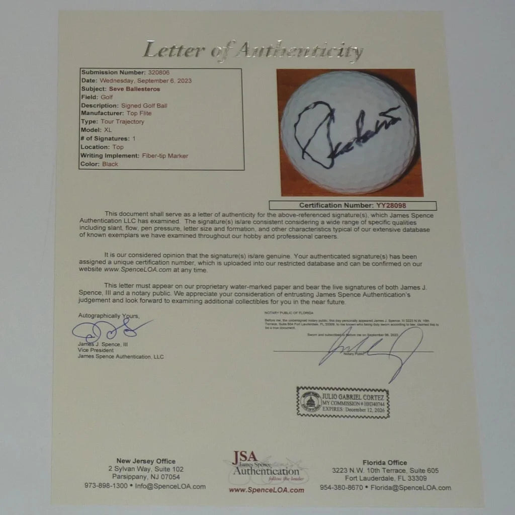 Seve Ballesteros autographed golf ball with JSA auth