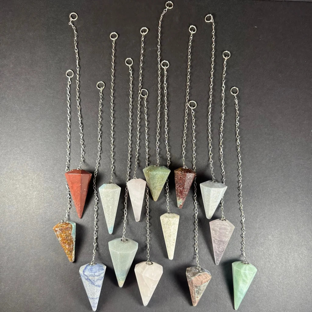 Seven Natural Stone Pendulum Set with Polished Cones and Silver Chains