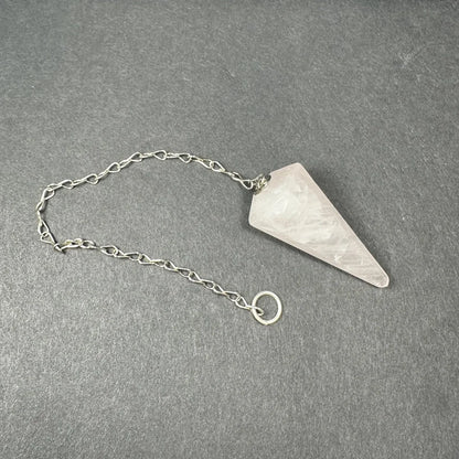 Translucent pink rose quartz stone pendulum with silver chain