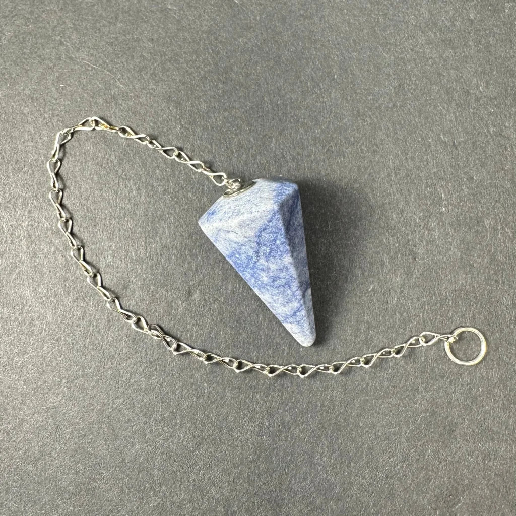 Blue and white sodalite stone pendulum on silver twisted chain