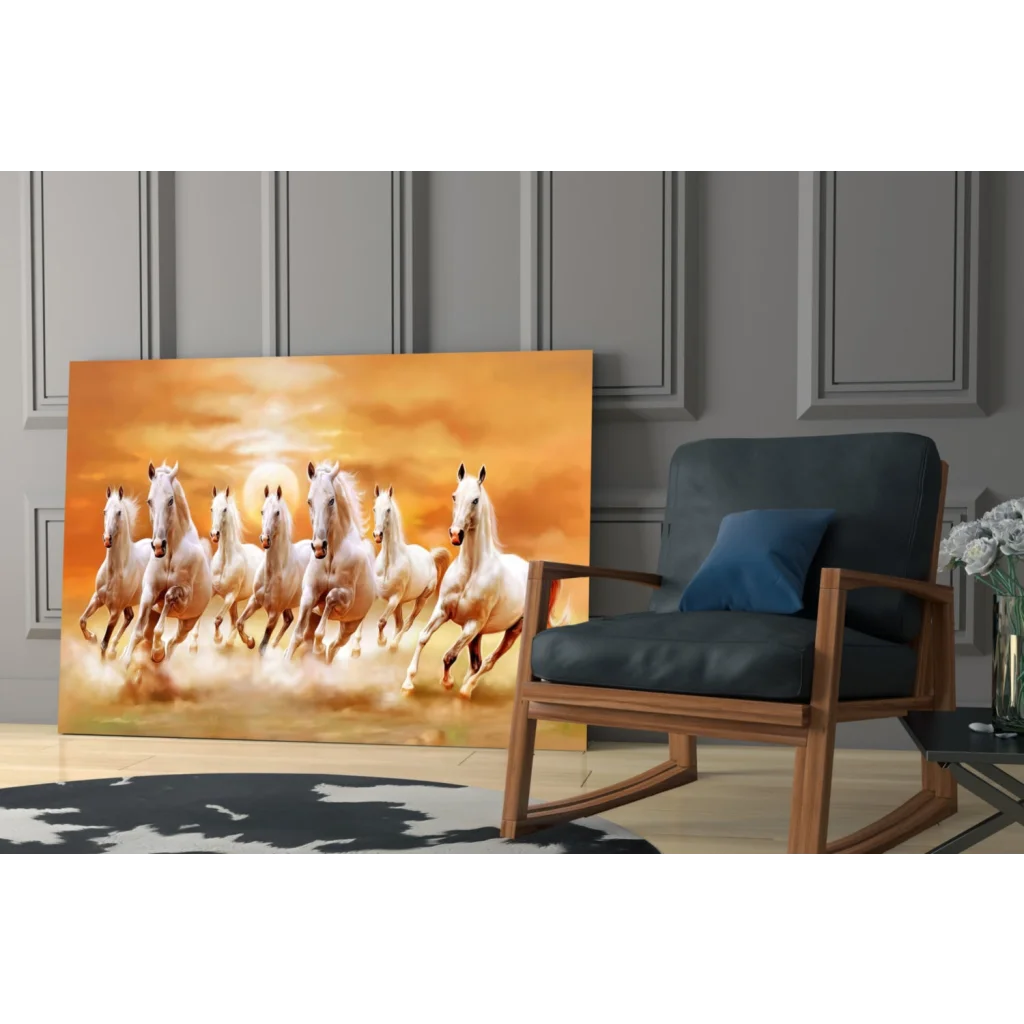 Vibrant seven white horses galloping sunset wall art canvas print