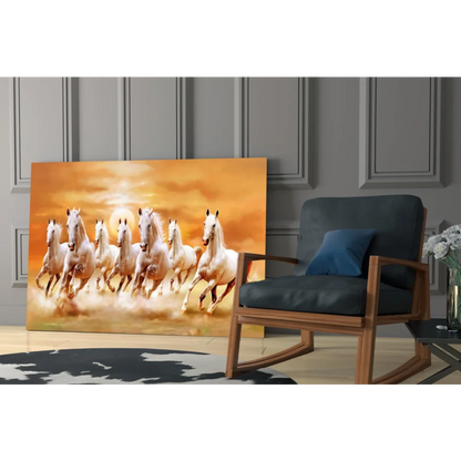 Vibrant seven white horses galloping sunset wall art canvas print