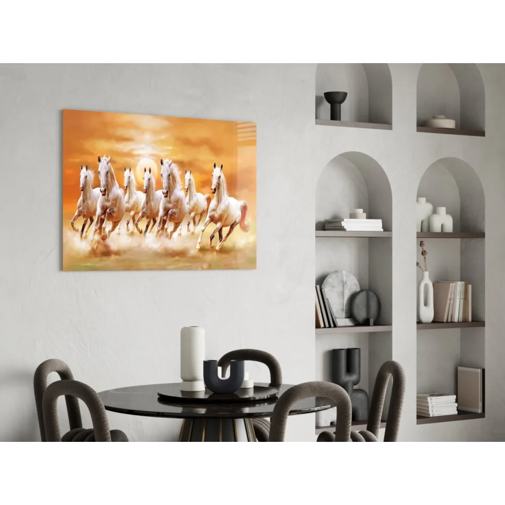 Vibrant orange gold sunset with galloping white horses wall art canvas print