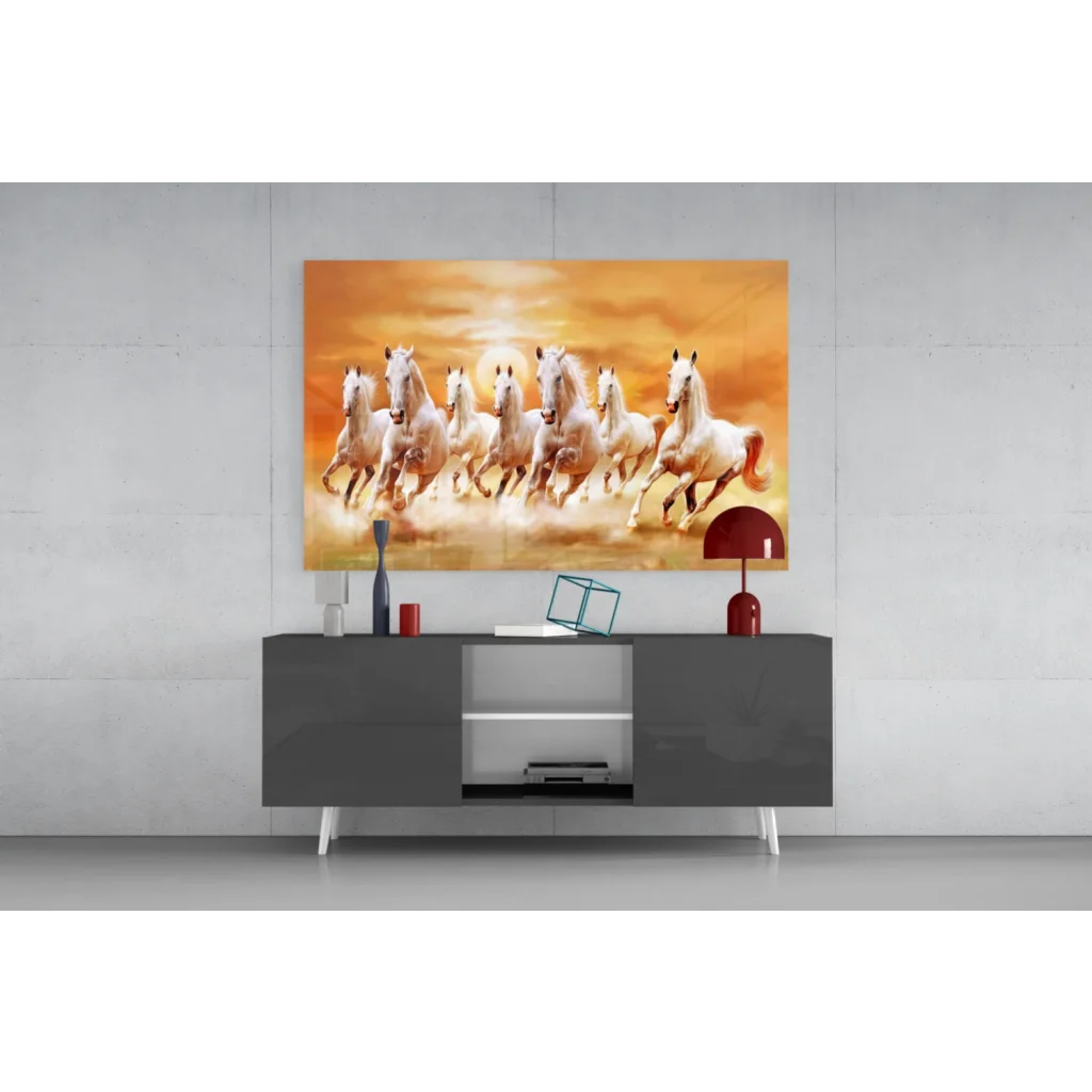 Vibrant orange gold canvas wall art of seven white horses galloping in sunset sky