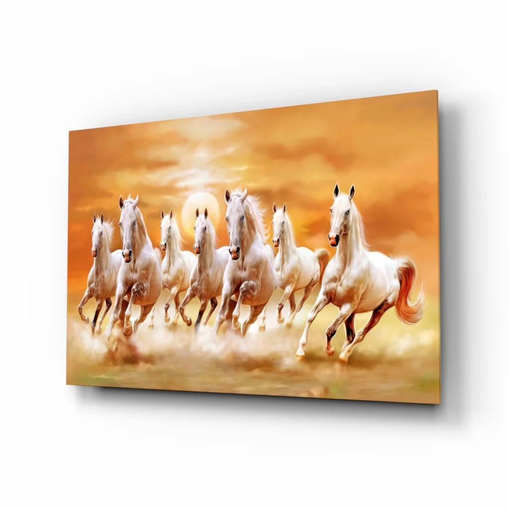 Vibrant seven white horses galloping sunset canvas wall art